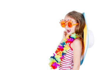 beautiful little girl with sunglasses on white background