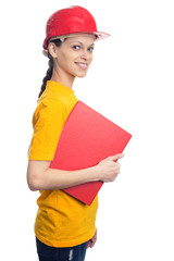 woman in a helmet holding a folder isolated