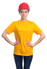 woman in a protective helmet and yellow t-shirt. Isolated