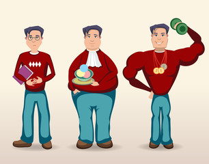 Three men, thin, thick, and sports people