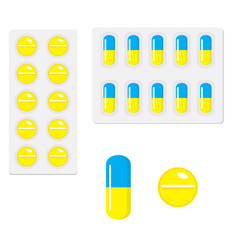 Packing yellow blue and yellow capsule pills isolated on white background. Capsules and tablets of drugs in flat style. Vector illustration.
