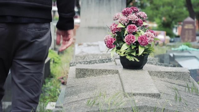 Man Arrives In Cemetery And Cries. Young man arrives In tomb in cemetery and starts crying