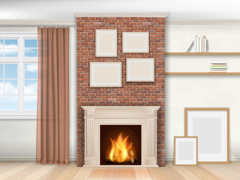 Interior living room with fireplace and window. Realistic vector illustration.