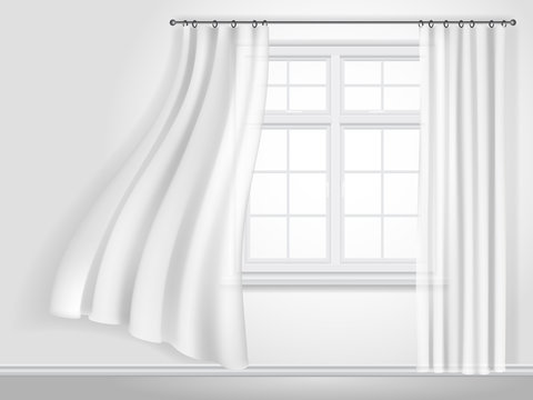 White fluttering curtains and window on white wall background. Fragment of the interior. Vector illustration.