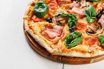 CLOSEUP view VERY HOT Italian Pizza. Prosciutto, Capricciosa, Funghi, Cotto HOMEMADE PIZZA. PIZZA ITALIAN, HOMEMADE PIZZA, PIZZA, PIZZA, PIZZA, PIZZA, PIZZA, PIZZA, PIZZA, PIZZA, PIZZA 
