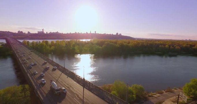 Aerial view on Paton Bridge in Kyiv, Ukraine.  Beautiful landscape.
