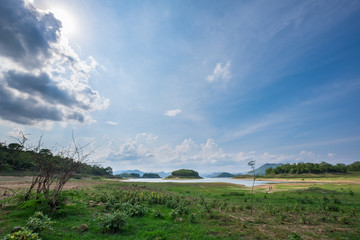 Blue sky with lake and mountain in background