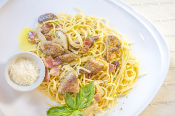 Spagehtti with Foie Gras traditional delicious Italian food.