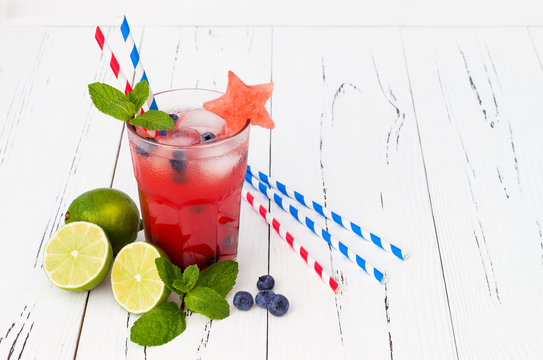 Watermelon blueberry mojito. Patriotic drink cocktail for 4th of July party