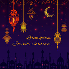 Greeting card with silhouette of mosque , text for the congratulations lights, stars, lanterns