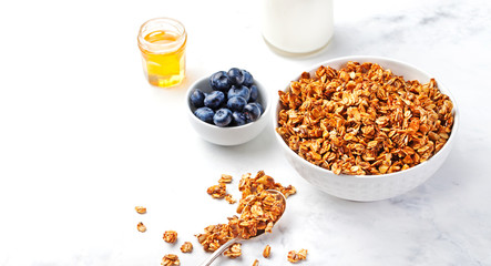 Healthy breakfast Fresh granola, muesli in bowl with milk and berries on a white background