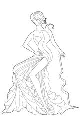 Coloring book page for adults. Sitting girl in a long dress.  Fashion.
