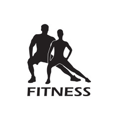Fototapeta na wymiar Fit icon. Muscled man and woman black silhouettes isolated on white background. Fitness symbol or label. Vector illustration.
