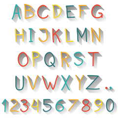Alphabet. Hand drawn letters and numbers isolated on white background. Colorful vector illustration.