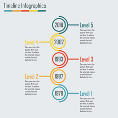 Timeline Infographics template with vertical circles. Colorful vector illustration.