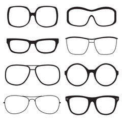 Glasses outline set. Sunglasses black silhouettes isolated on white background. Vector illustration.