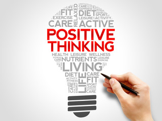 Positive thinking bulb word cloud, health concept