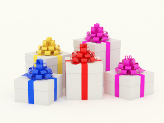 Fototapeta premium Gift white boxes large group with color ribbon and bow. Several of gift packages