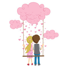 Happy Couple On A Swing With Love Rain