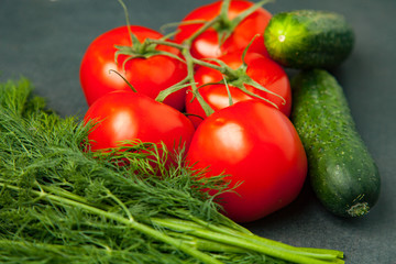 Tomatoes, cucumbers and green dill on a dark background. food concept. close up