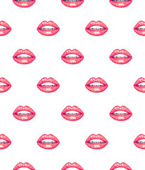 Beautiful sexual lips with white teeth on a white background. Female lips drawing. Handwork. Seamless pattern for design