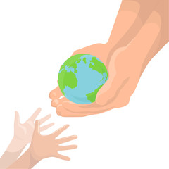 Vector illustration of an adult hand, transmitting the planet Earth in children's hands. Protect Earth. Ecology