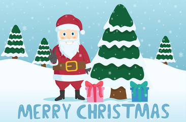 Santa Claus Say Merry Christmas With Gift And Snow Background