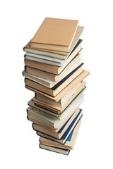 High stack of different books
