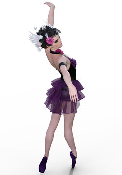 Young and gracefull ballerina in black and purple outfit isolated on white background. 3d CG render.