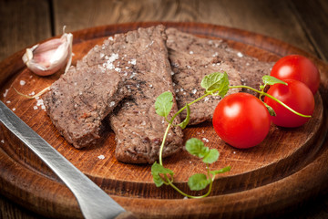 Slices of fried beef.