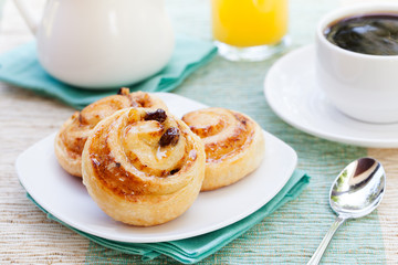 Romantic tropical breakfast Danish pastry, coffee