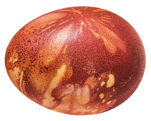 Fototapeta premium Easter Egg Decorated with Red Color and Leaves Imprints Isolated on White Background.