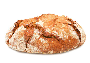 Freshly baked loaf of traditional round rye bread isolated on white background. Design element for bakery product label, catalog print, web use.