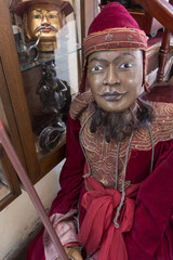Traditional dolls are sold in shop in Scott Market in Bagan, Myanmar.