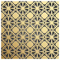 Fototapeta na wymiar Golden on dark backdrop seamless geometric pattern. Tiled background with Oriental motif 3D. Endless texture can be used for wallpaper, pattern fills, background of web page, surface textures