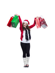 cheerful young woman with shopping bags.