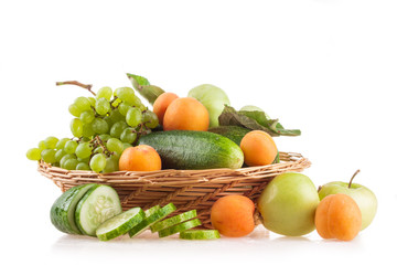 fruits and vegetables isolated on white background, apple, cucumberi, grapes, apricot