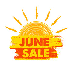 june sale with sun sign, yellow and orange drawn label