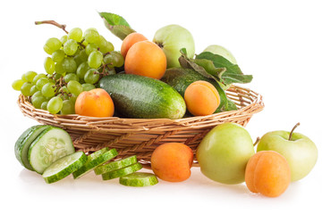 fruits and vegetables isolated on white background, apple, cucumberi, grapes, apricot