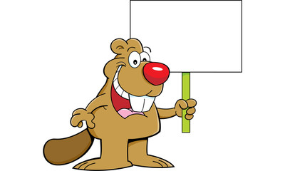 Cartoon illustration of a beaver holding a sign.