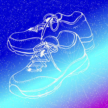 Training Shoes on space background/Linear images of a pair of sneakers on watercolor background 