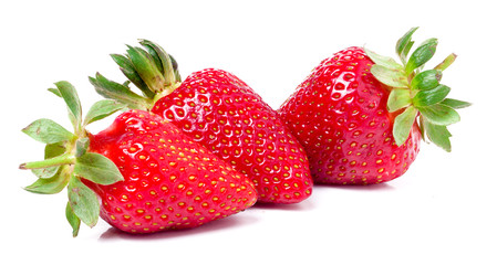 three strawberries isolated on white background close-up macro