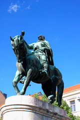 A statue of Janos Hunyadi on Szechenyi Square in Pecs, Hungary