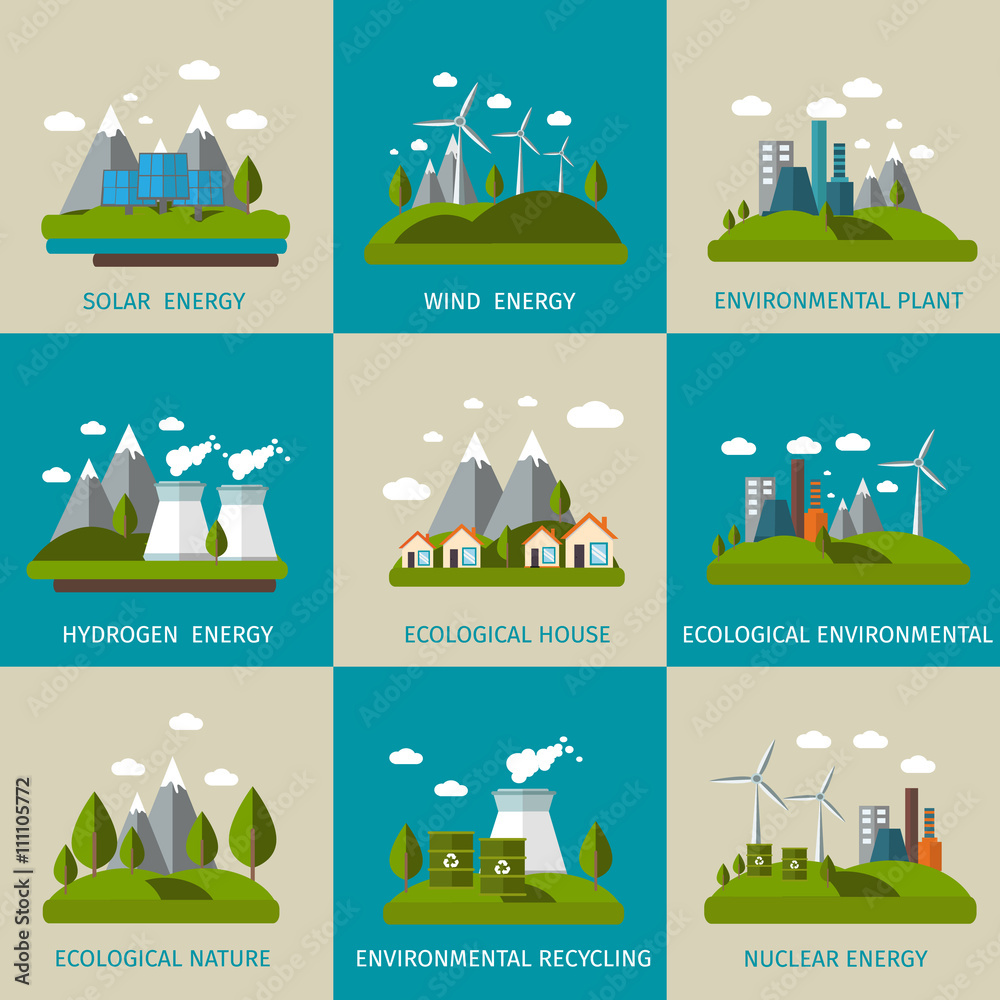 Poster ecology icon flat set