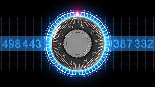 Combination lock choosing the right combination of numbers. 4K virtual animation spinning combination lock.