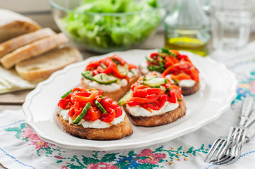 Roasted Pepper, Cucumber and Feta Bruschetta