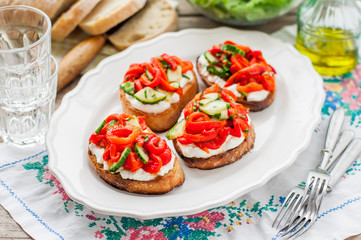 Roasted Pepper, Cucumber and Feta Bruschetta