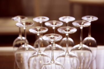 Upturned wine glasses on the table