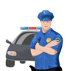 young policeman with a police car on a white background