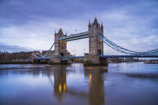 London, UK - Iconic Tower Bridge in the morning with clouds